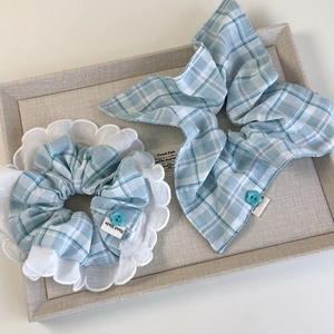 Blue plaid scrunchie set with white lace trim and handmade decorative button accent