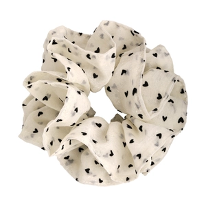 White mesh scrunchie with black heart pattern for sweet hair styling accessories
