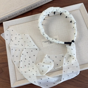 Polka dot headband with long chiffon ribbon detail and non-slip inner hair teeth