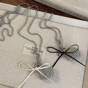 Women Personalized Alloy Long Ball Chain Necklace With Hollow Bag Pendant Leather Bow Heart Charm Silver Sweater Chain Jewelry