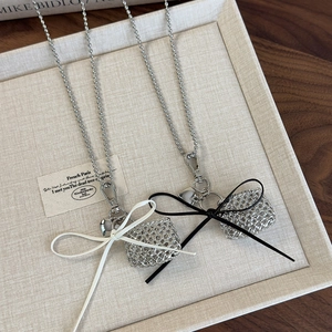 Silver mesh mini bag necklace with leather bow and heart charm long sweater chain