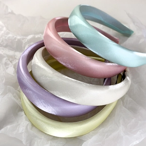 Five pack pearl satin wide headbands in mint, pink, cream, purple and yellow colors