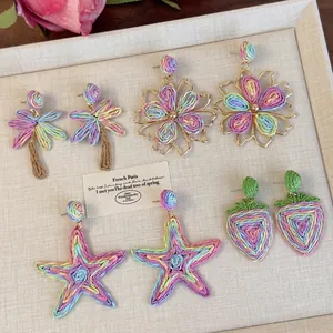 Handgefertigte Gewebte Ohrhänger Legierung Bunte Raffia Stroh Bohemian Sommer Strand Urlaub Ohrringe Für Damen Statement Schmuck