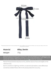 Detailed view of denim bow hair clip with alloy spring clasp and precise measurements