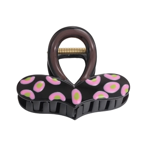 Pinza per capelli con stampa leopardata rosa, base nera e manico trasparente