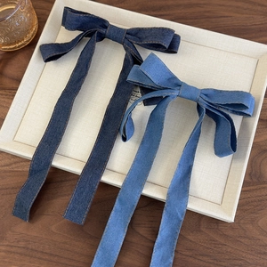 3D denim blue bow hair clips with long streamers and vintage contrast stitching for women