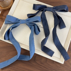 Retro Denim Bow Hair Clip With Long Streamers Sweet French Handmade Fabric Hairpins Fashion Women Hair Accessories