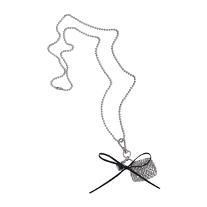 Silver hollow mesh bag long chain necklace with black ribbon bow for women