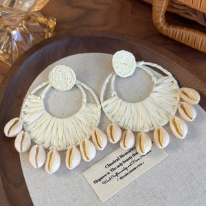 Bohemian raffia hoop earrings with natural shell drops for summer beach vacations