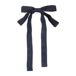 Deep blue denim bow hair clip with long ribbons and contrast yellow stitching