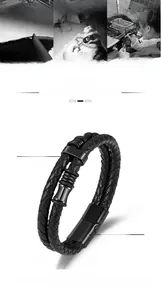 Detail view of double-layer woven leather bracelet with matte black magnetic alloy clasp