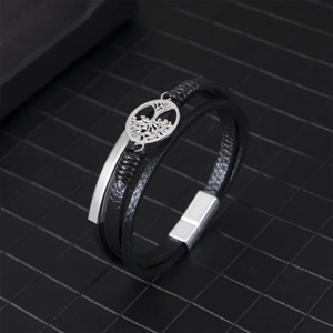 Multilayer black woven leather bracelet with silver tree of life charm and magnetic buckle