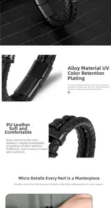 Macro shot of double-layered black braided leather texture and alloy magnetic clasp for men