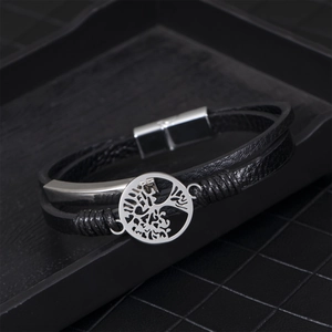 Multi-layer woven leather bracelet for men featuring a silver Tree of Life charm