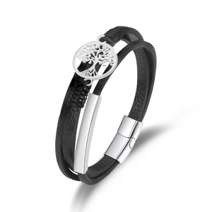Black multi-layer leather bracelet with tree of life charm and magnetic steel clasp