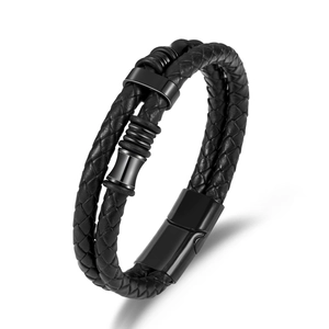 Men Double Layer Braided Leather Bracelet With Magnetic Alloy Clasp Geometric Fashion Jewelry Wristband Black Gift For Men
