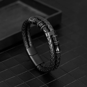 Men's double-layered black braided leather bracelet with magnetic alloy buckle