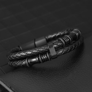 Double-layered black braided leather bracelet for men with matte metal magnetic clasp