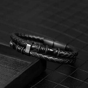 Double-layered black braided leather men's bracelet with matte alloy magnetic buckle