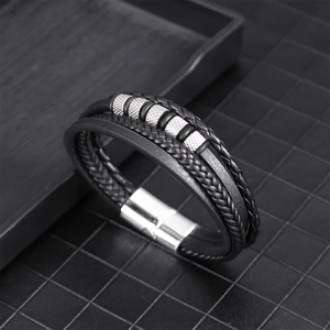 Mehrlagiges PU-Lederarmband für Herren mit Silberperlen und Magnetverschluss-Schnalle