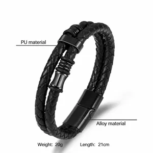 Double-layered black braided leather bracelet for men with magnetic alloy clasp 21cm 20g