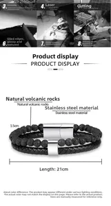 Detail of 21cm men's double-layer bracelet with black lava stone and leather cord