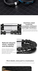 Detail of men's leather bracelet with black lava stone, blue tiger eye and magnetic steel clasp