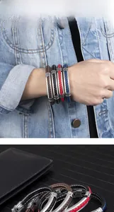 Detail of woven leather bracelets for men with stainless steel clasps in four colors