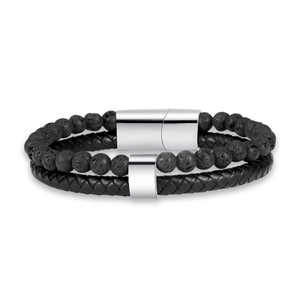 Men's Punk Stainless Steel Lava Stone Beaded Braided Leather Bracelet Double Layer Magnetic Clasp Fashion Jewelry Gift