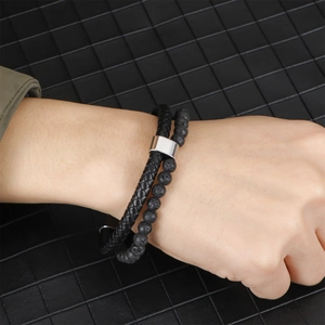Men's double-layered bracelet with black volcanic stone beads and woven leather strap