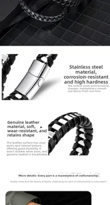 Détail du bracelet en cuir tressé noir avec fermoir magnétique en acier inoxydable poli