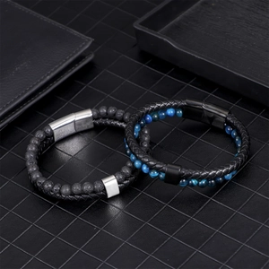 Men's handmade stainless steel leather bracelet set with natural volcanic stone beads
