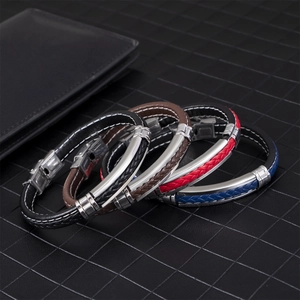Braided leather bracelet set for men with stainless steel accents in four stylish colors