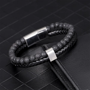 Men's multi-layer bracelet with natural black lava stone beads and braided leather cord