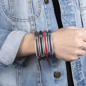 Braided leather bracelet set for men with silver stainless steel accent in four colors