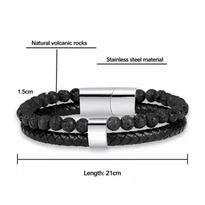 Men's double-layer stainless steel and lava stone bracelet with 21cm braided leather cord