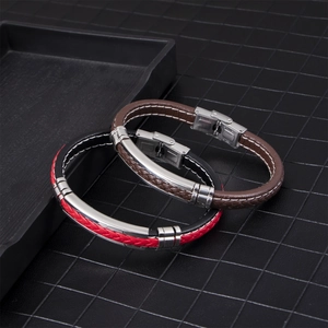 Minimalist woven leather bracelets in brown and red-black with stainless steel clasp
