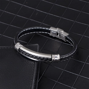 Men's braided black leather bracelet with white stitching and polished steel clasp