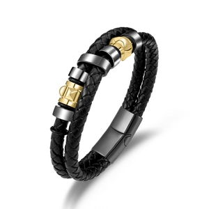 Bracelet Homme Vintage en Cuir Acier Inoxydable Fermoir Magnétique Géométrique Tressé Multicouche Bijoux Main Quotidien Fête
