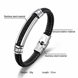 Handmade black braided leather bracelet with stainless steel clasp, length 21cm, weight 20g