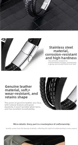Détails d'un bracelet multicouche en cuir noir tressé avec fermoir magnétique en acier