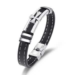 Bracelet en Cuir Véritable pour Hommes avec Croix en Acier Inoxydable Bracelet Tressé Bijoux de Mode Simple Décontracté Noir