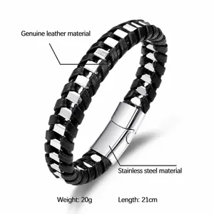 Bracelet pour homme en cuir tressé avec fermoir magnétique en acier inoxydable de 21 cm