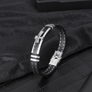 Bracelet en cuir noir avec croix incrustée et coutures blanches, bijoux punk en acier