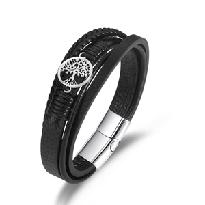 Men Tree Of Life Multi Layer Braided Leather Bracelet Stainless Steel Magnetic Clasp Vintage Casual Wristband Jewelry