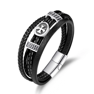 Bracelet Multicouche en Cuir pour Hommes Acier Inoxydable Pendentif Croix Cordon Tressé Bijoux de Style Punk Rock
