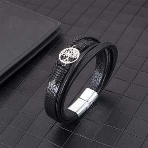 Multilayer black woven leather bracelet with a silver tree of life metal pendant for men