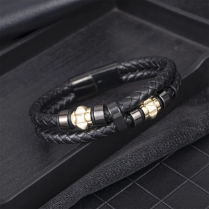 Bracelet pour homme en cuir tressé double couche avec perles en métal doré et anthracite