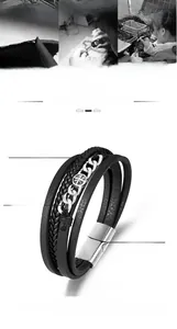 Detail of multi-layer woven PU leather bracelet with star charm and magnetic buckle