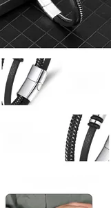 Close-up detail of durable stainless steel clasp and black braided rope on men's bracelet